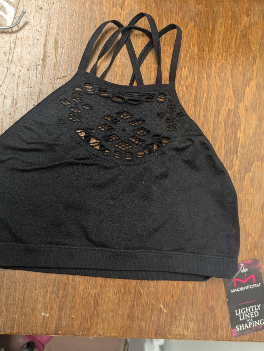 Maidenform Medium Women's Black Strappy Lightly Lined Crop Top Cut Out Detail